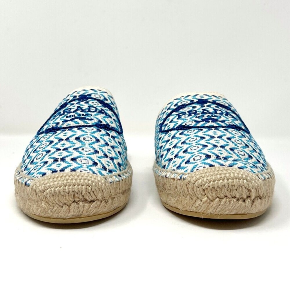 Prada Blue Embroidered Logo Pattern Espadrille Slides Size 38 - Picture 3 of 9